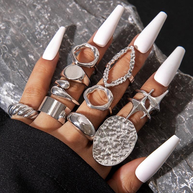 10Pcs/Set Fashion Metal Lava Lines Star Rings Set For Women Exaggerated Gold Color Geometric Smooth Chunky Ring Jewelry