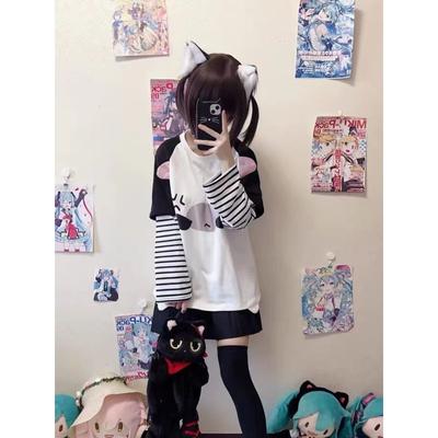 Y2k Harajuku Kawaii Striped T-Shirts Women Japanese Fashion Patchwork Cartoon Print Tees Tops Female Spring New In