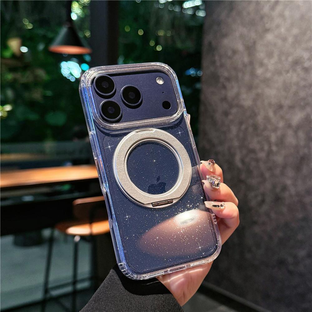 Applicable to iphone17 mobile phone case 360 rotating bracket apple 17promax glitter fine powder magnetic suction case transparent iPhone17Promax