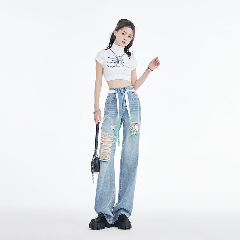 

Women s Summer 2026 High Waist Holey Wide Leg Floor-Length Jeans Extra Large светло-синий