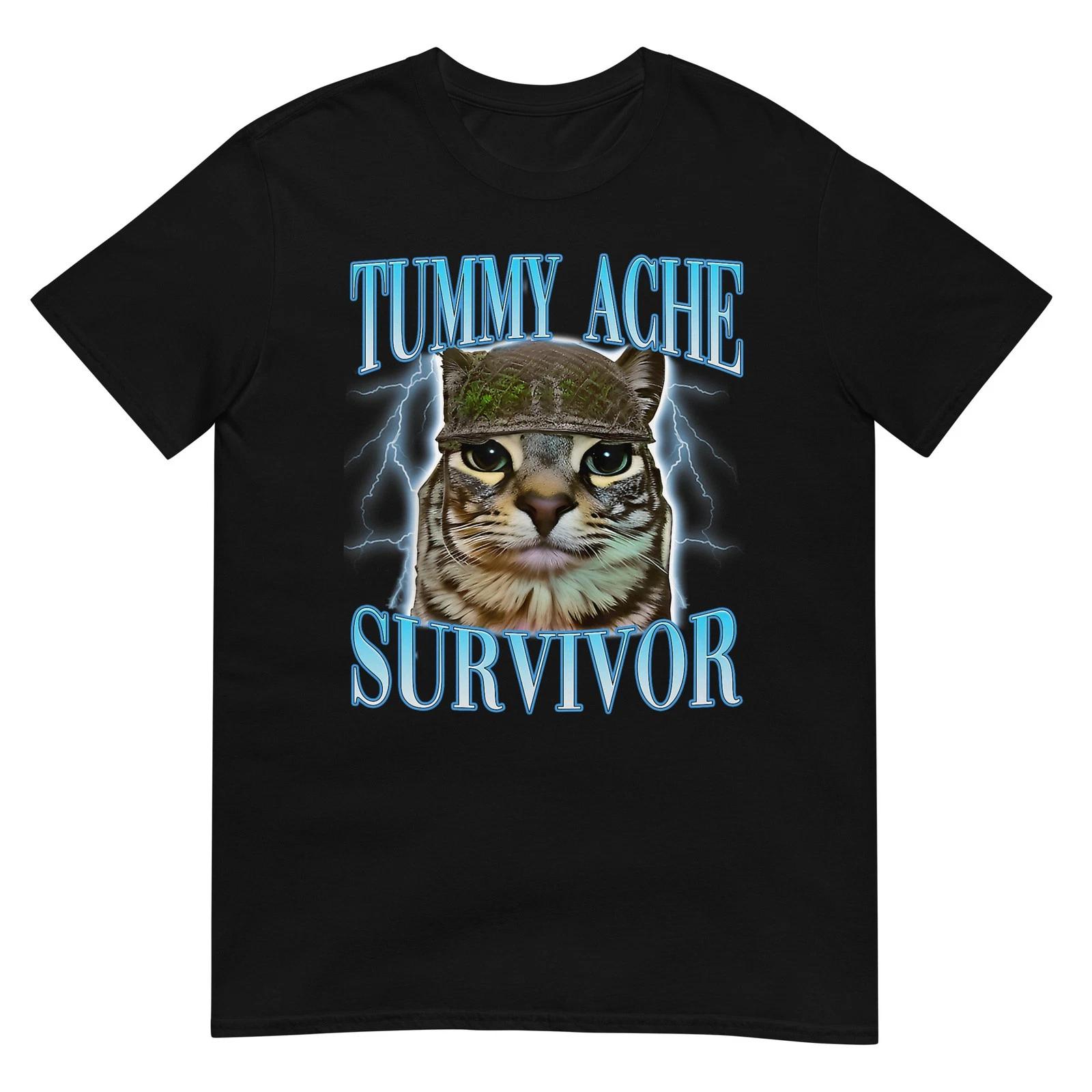 Funny Saying Cats Tummy Ache Survivor Cat Meme Humor Men T-Shirt 2XL