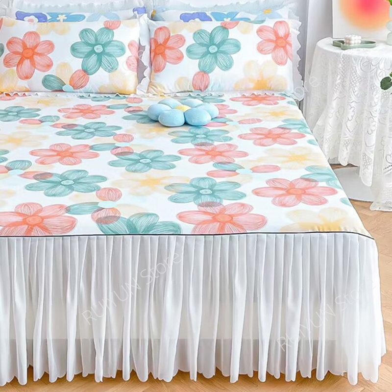 Decorative Lace Ruffled Bed Skirt Non-slip Mattress Cover Princess Printed Bed Skirt Bedsheet Bed Cover Home Bedspread Bed Skirt