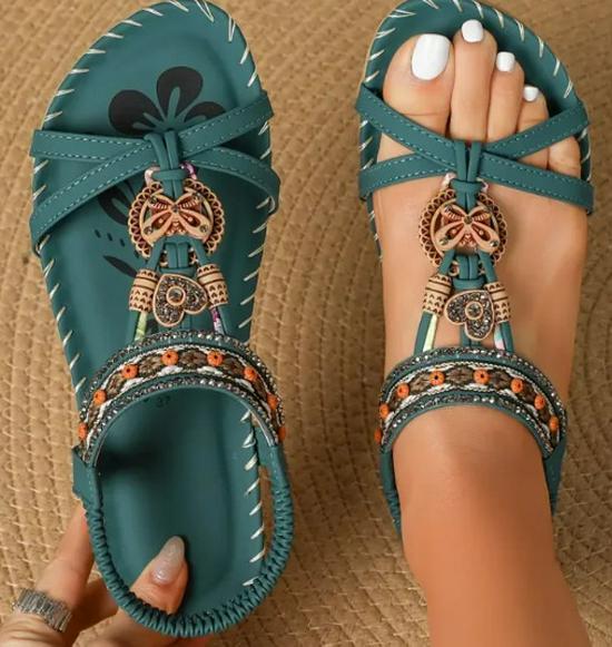 2025 Bohemian Rhinestone Women's Summer Sandals - Flat, Round & Open Toe
