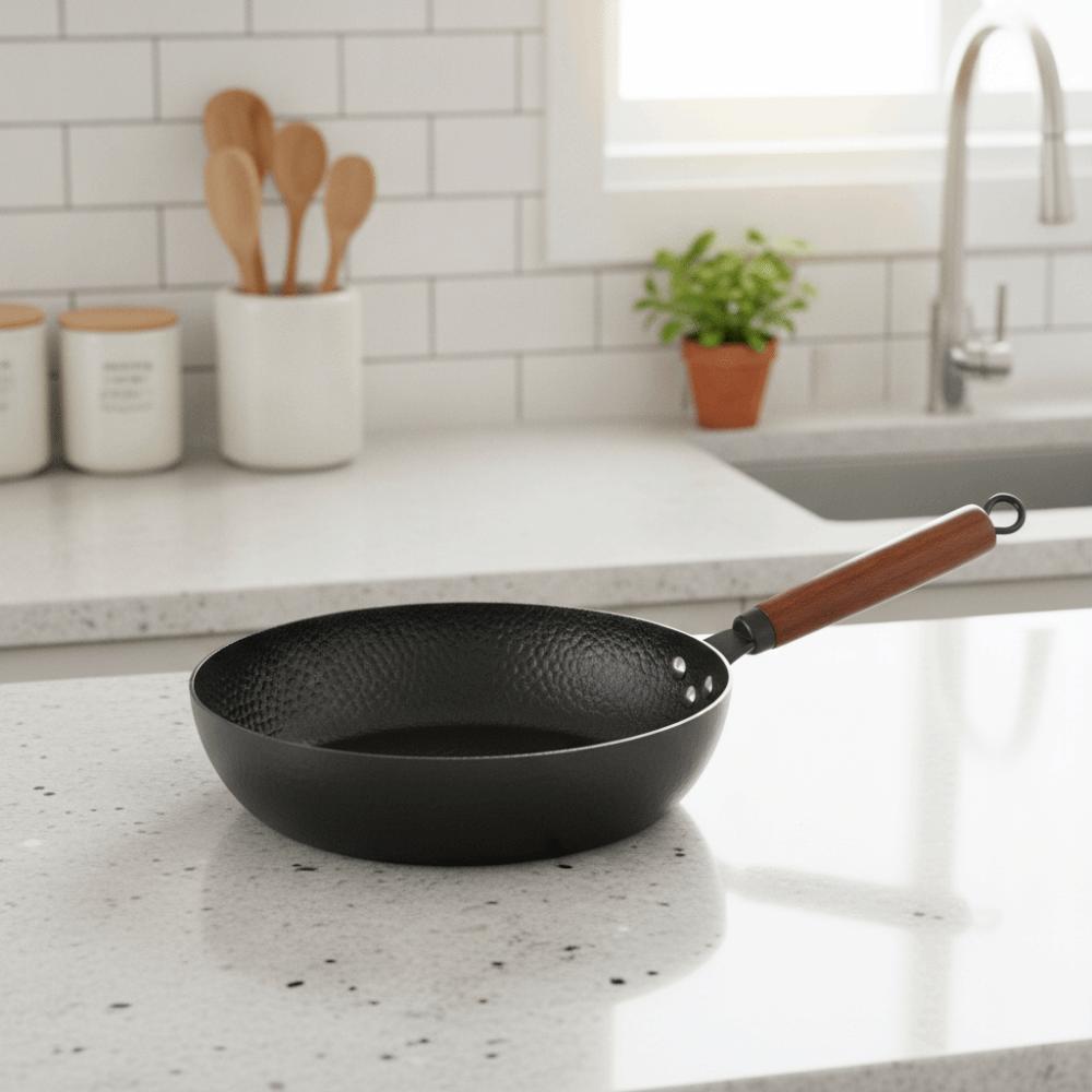 Wooden Handle Hammered Frying Pan Non-stick Pancake Pan Hammered Iron Wok Breakfast