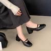 2025 new Retro Women's Pumps Soft Leather Square Head Belt Buckle Shallow Thick High Heeled Mary Jane Shoe Brown/Black