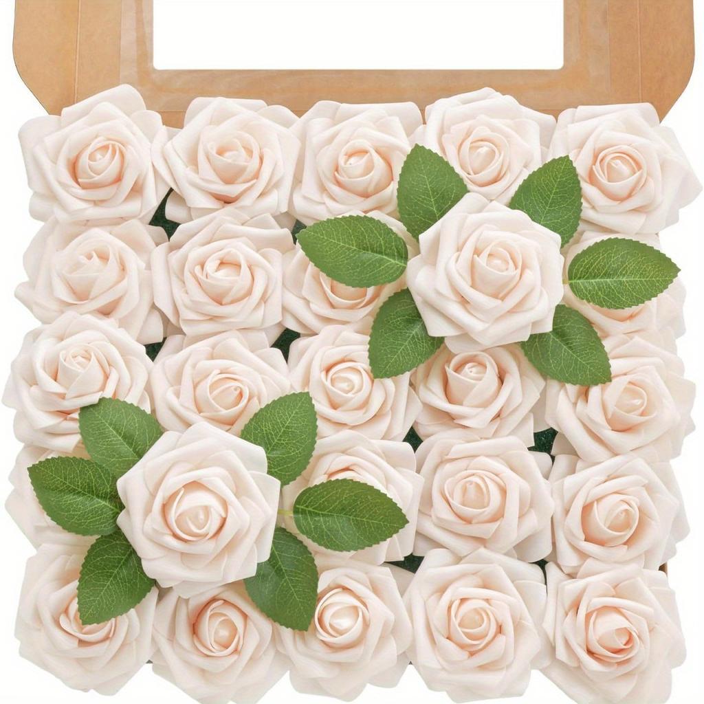 25Pcs Gift Box Foam Pe 3.15 Inch Rose Flower with Stem Simulation Artificial Flower
