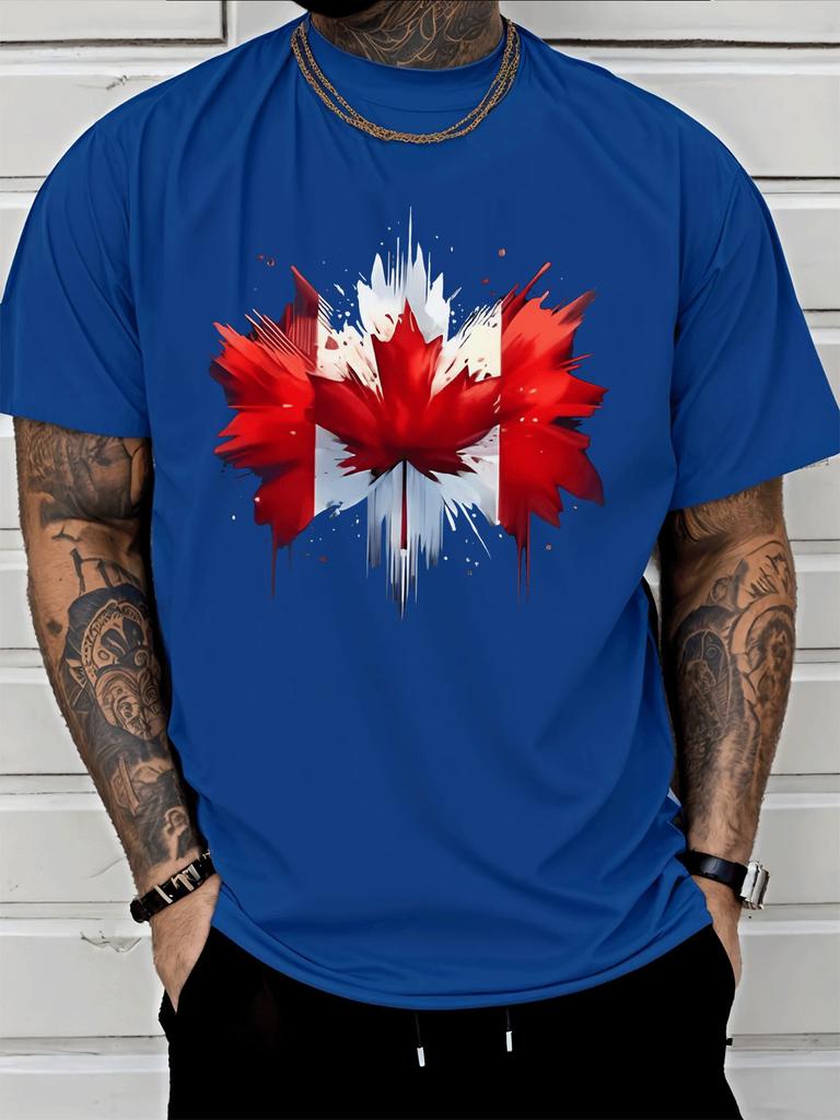Black Unisexs Tee Canada Maple Leaf Splash Print Crew Neck Cotton Short Sleeve Patriotic Male Street Summer Soft Daily Casual Wear