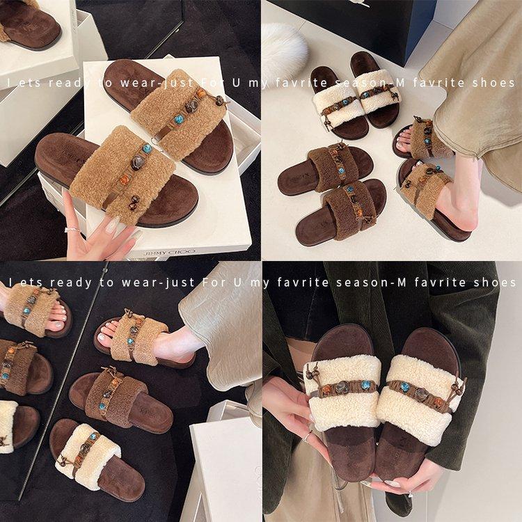 [Ushilai] 2025 autumn new lamb wool slippers women's one-word versatile flat-bottomed non-slip outer slippers