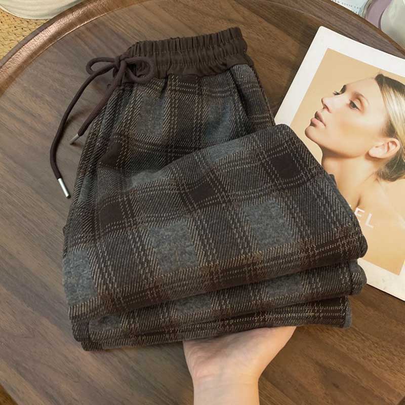Pants for Women  High Waist Long Trousers Plus Size Double Layer Versatile Casual Plaid High Waist Drawstring Pants