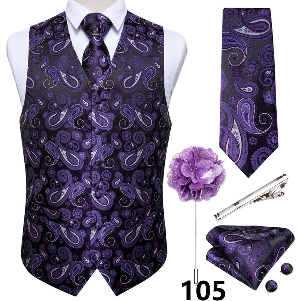 Anzug-Westen-Set für Herren, Schwarz, Rosa, Grün, Paisley-Weste, Krawatte, Einstecktuch, Manschettenknöpfe, Blumen-Corsage, Silberne Krawattenklammer, Hochzeit, Business