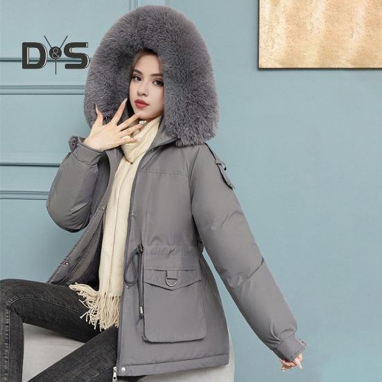 Women Winter Coat Thick Plush Furry Hooded Long Sleeves Pockets Drawstring Waist Zip-up Windproof Mid Length Overcoat Outdoor Outwear
