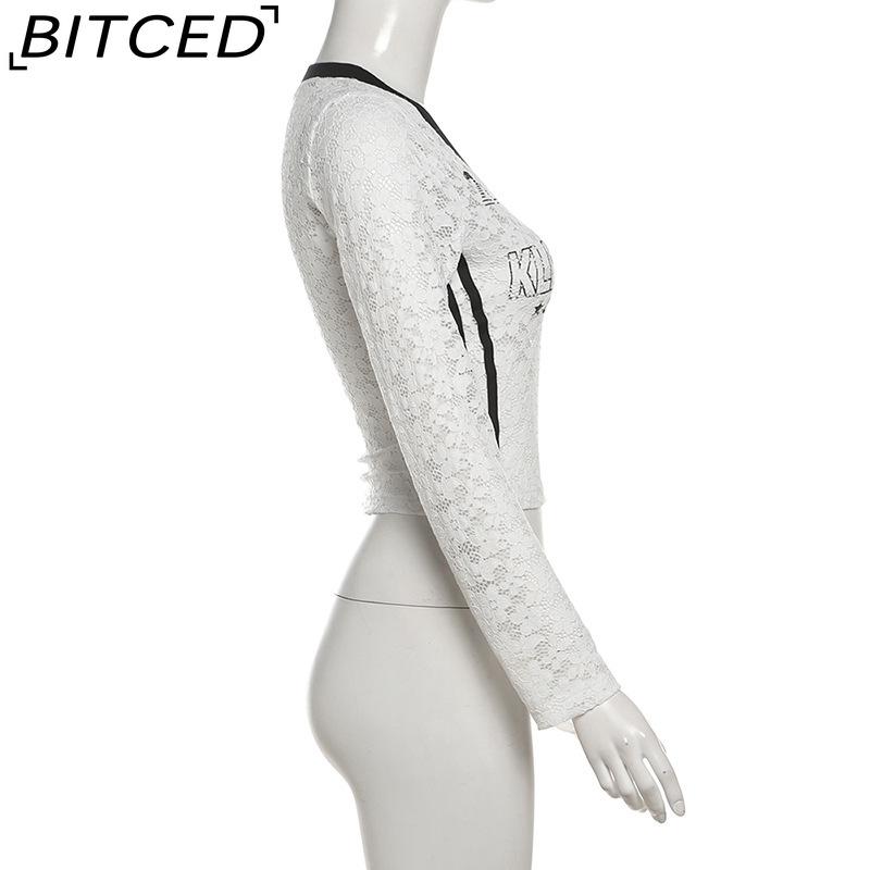 BITCED Autumn Women's Solid-Colour Slim-Fit Cropped V-Neck Long-Sleeved Printed Top