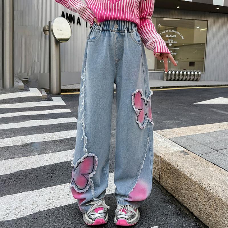 

Осенняя мода для девочек, винтажные необработанные широкие джинсы 130 синий