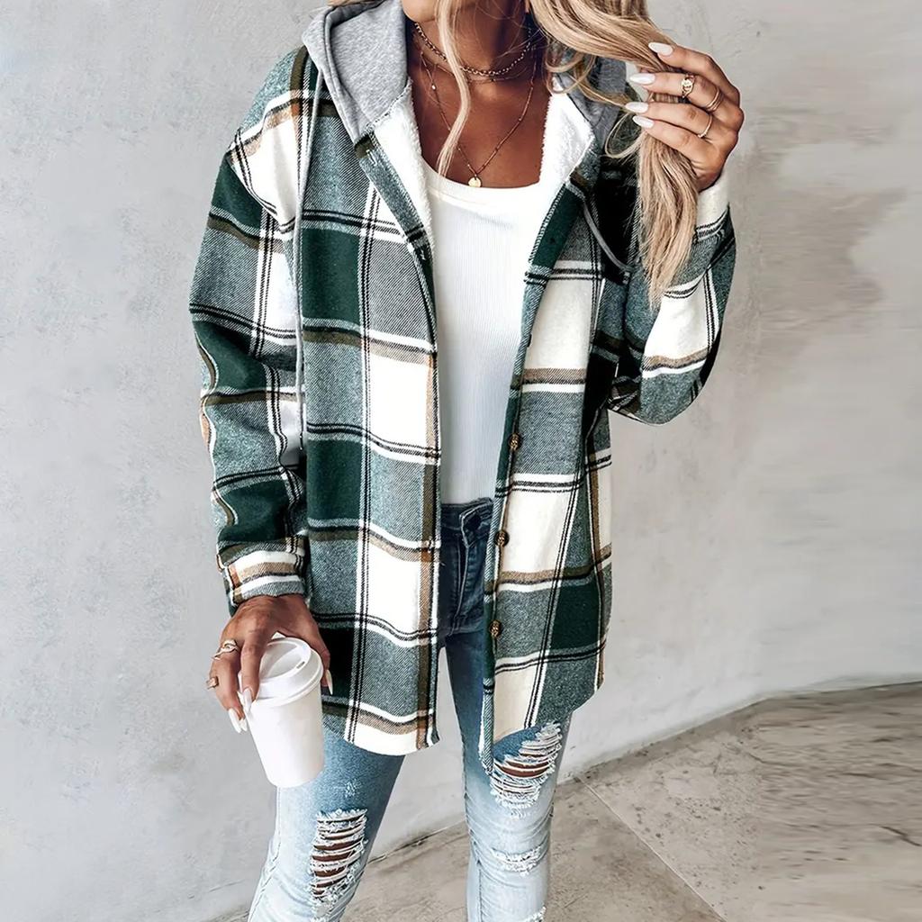 Women's Casual And Fashionable Large Plaid Pattern Patchwork Hooded Button Jacket