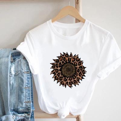 (European Size)Lovely T Shirt Clothing Tee Top Leopard Flower Trend Cute Fashion Casual Short Sleeve Women Print Lady Female O-neck Graphic T-shirt