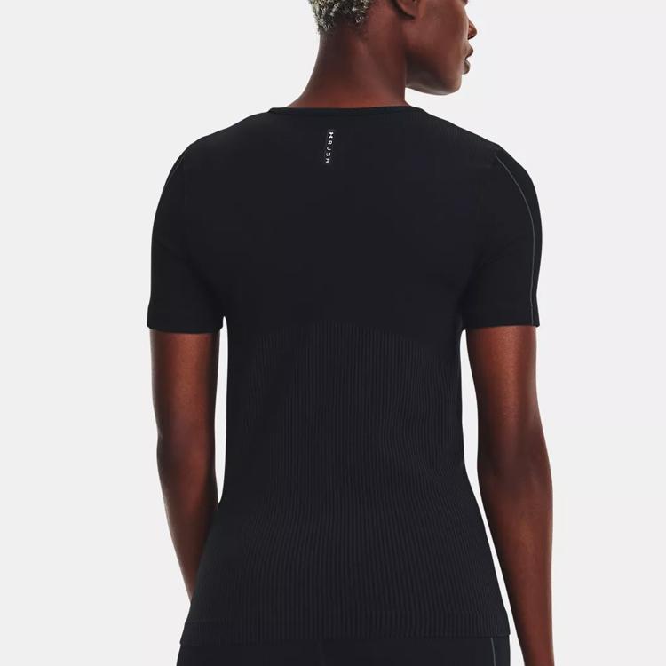 Under Armour Rush Series Solid Color Logo Embroidery Round Neck Short Sleeve T-shirt Women Tops Black 1373929-001