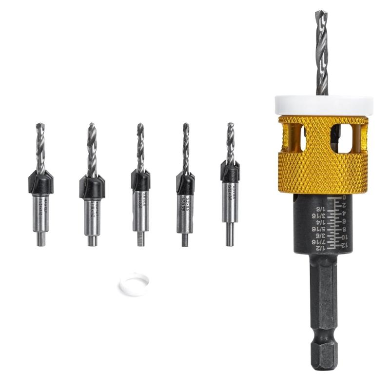 Pack of 5 Hex Shank Countersink Drill Bits with Adjustable Depth Stop Tapered Bits for DIY Projects and Professional Use