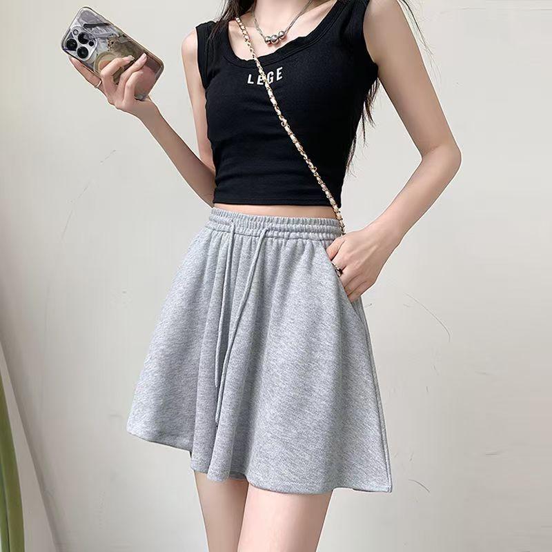 Summer Women's Gray Casual Shorts - High Waist Wide Leg Loose Fit Slimming Drawstring Skort Pants