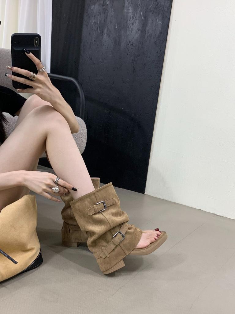 2025 New Fashion Maillard Toe Hollow Short Cool Boots Women's Summer Thin Long Boots Thick Heel Stacking Boots