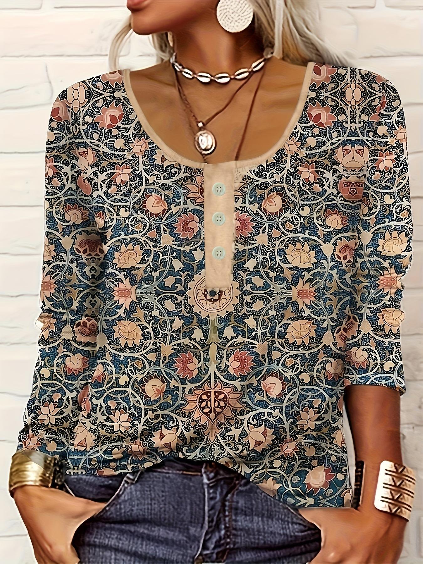 

Женская футболка больших размеров с длинными рукавами, этнический стиль, цветочный принт, повседневная рубашка-пуловер большого размера с круглым вырезом S хаки