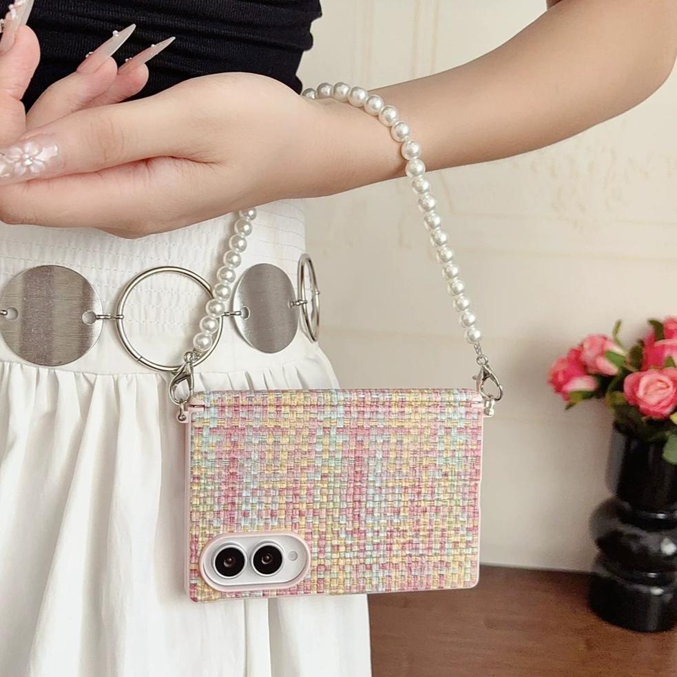 Luxury Woven Pattern Case for Samsung Galaxy Z Fold 8 Wide Fold8 Women Girl's Pearl Lanyard Wrist Strap Hinge Protect Cover