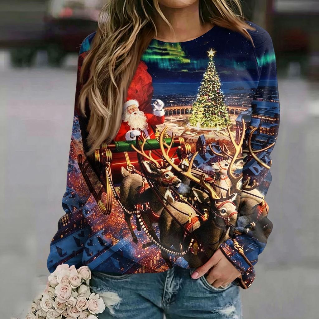 Women's Casual Neck Long Sleeve Raglan Christmas Print Pullover Sweatshirt