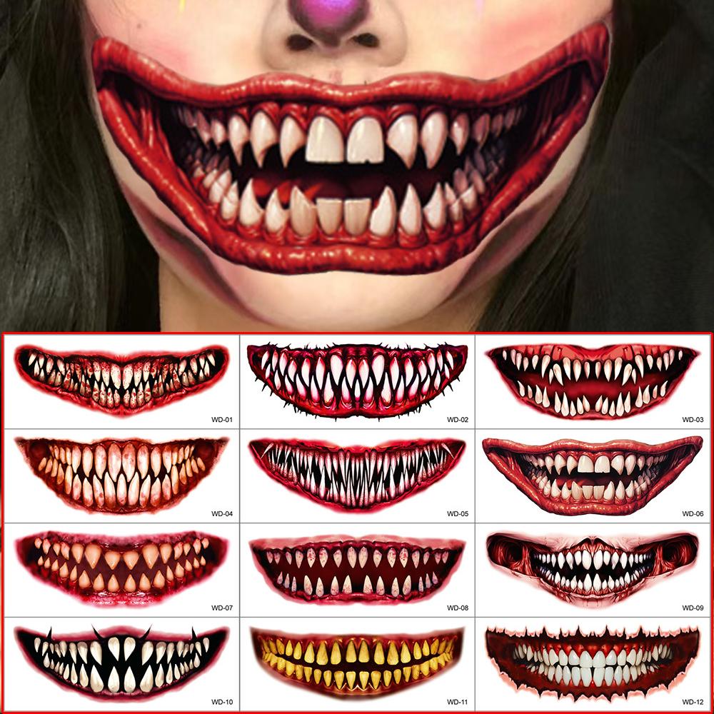 18 Style Randomly Sent Halloween Scary Big Mouth Temporary Tattoo Waterproof Long Lasting Do Not Stimulate Safety Tattoo Sticker