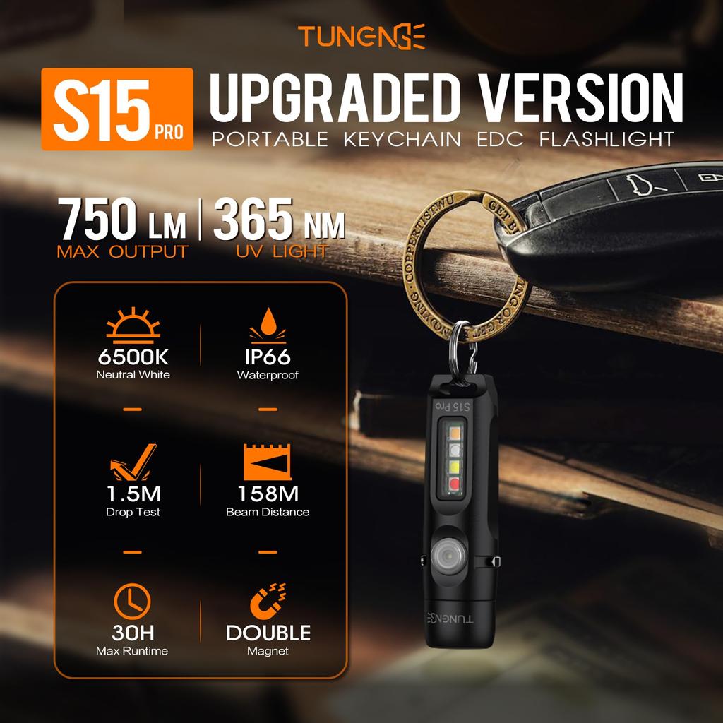 TUNENGE S15Pro Keychain 750 High Lumens EDC Pocket Flashlight with USB C Rechargeable Mini Flashlight with Perfect for and Repairs Flashlight, Clip,