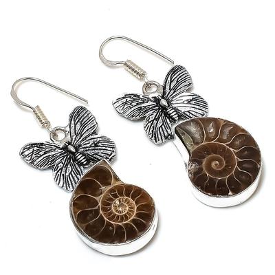 Natural Ammonite Fossil Gemstone Handmade 925 Sterling Silver Earring 2.17" B1R90