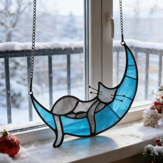 Cat On Moon Hanging Ornament Stained Glass Window Hanging Suncatcher Acrylic Panel Wall Art Memorial Gift for Women Wife Mom Cat Lovers