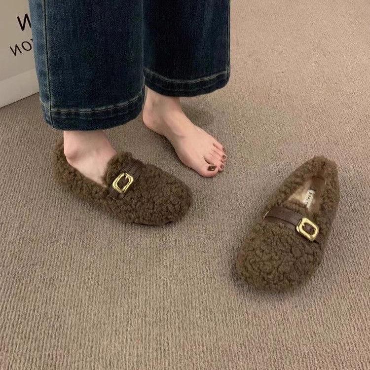 2025 Korean Style Women's Fuzzy Slip-on Lambswool Loafers: Warm Fleece-lined Cotton Bean Shoes