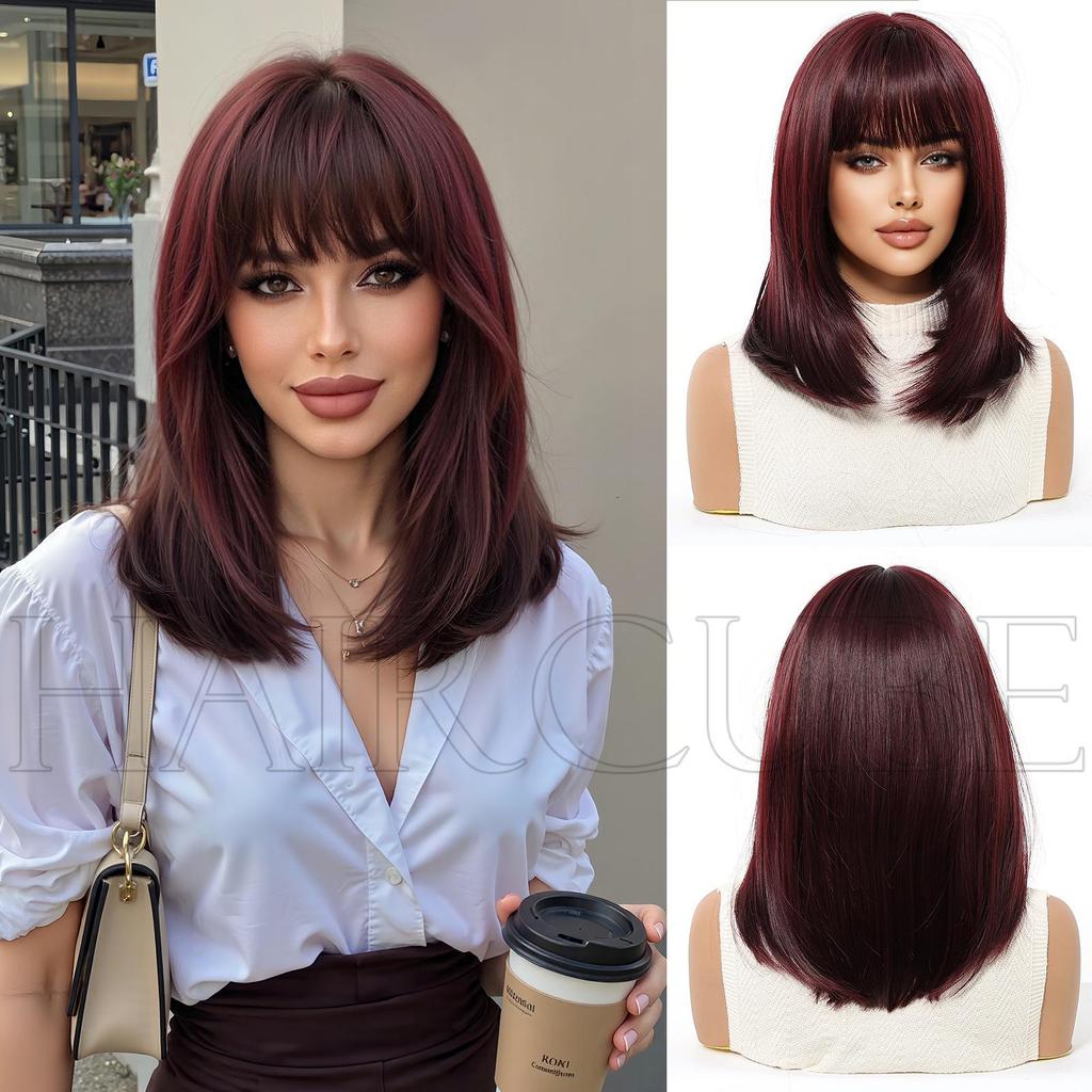 European Style Brown Medium Long Wig with Full Bangs for Women - High-Temperature Fiber