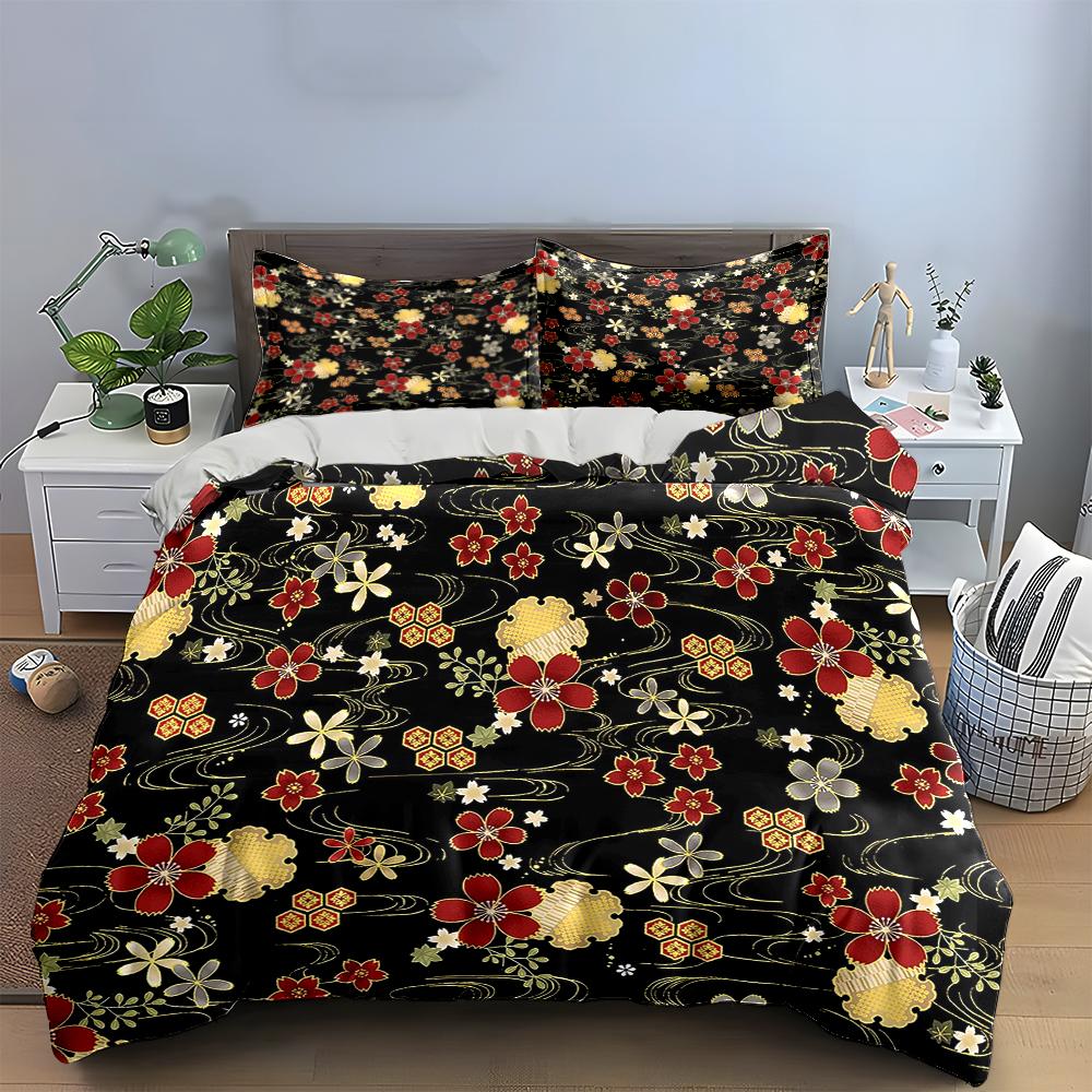 Floral Print Black Bedding Set Bedding Set (1 Duvet Cover, 2 Pillowcases, Duvet Not Included)