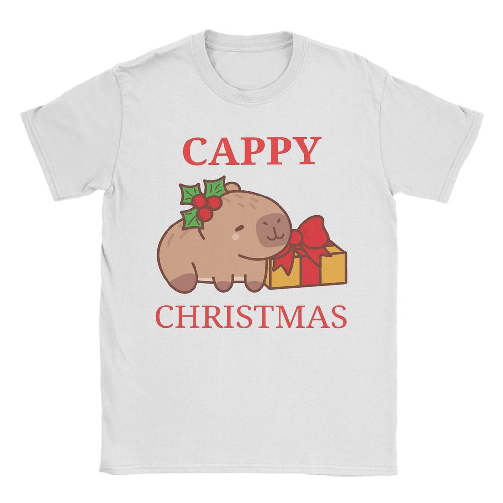 Cappy Christmas Capybara with Present Men's T Shirts Humorous Tees Short Sleeve Crew Neck T-Shirt Pure Cotton Gift Idea Tops