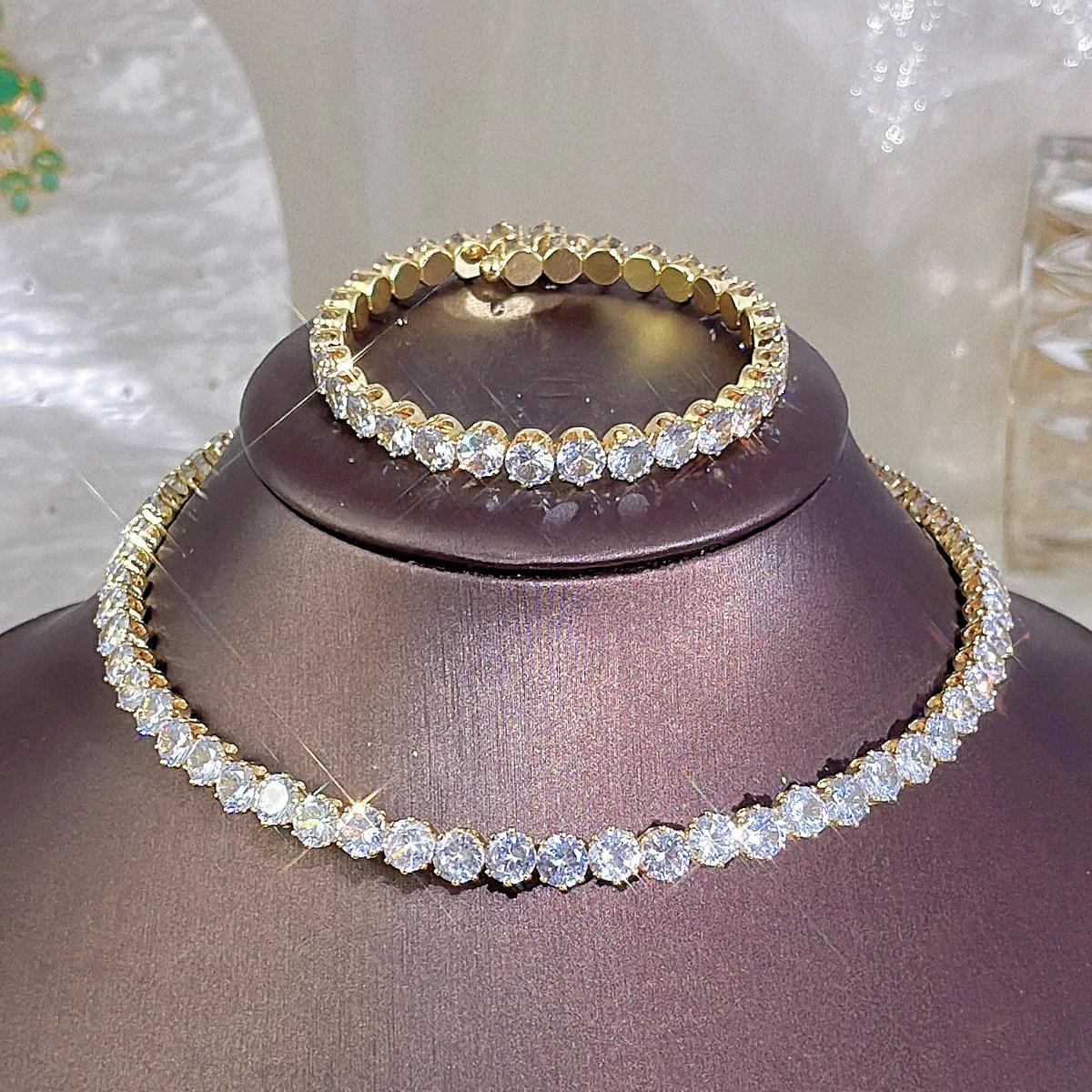 

CMM 2PS, легкий роскошный комплект свадебных украшений, круглый AAA + цирконий, серебристый теннисный браслет, комплекты колье и ожерелья золотой