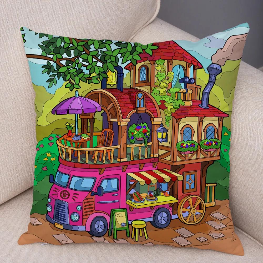 Both Sides Pillow Case Decor Happy Camper Cartoon House Travel Car Cushion Cover for Sofa Home Super Soft Plush Pillowcase