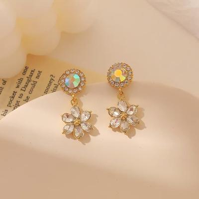 Silver Needle Earrings, Earring Chain, Gorgeous Crystal Cubic Flower