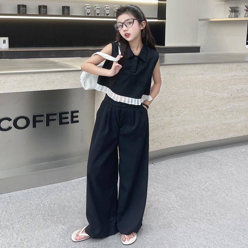 Girls' Stylish Summer Streetwear: Ruffle Polo Top & Wide-Leg Pants Set