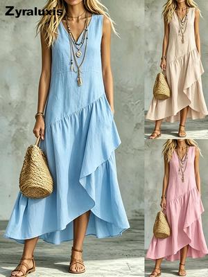Women's Summer New V-Neck Ruffled Hem Sleeveless Pure Color Cotton Linen Casual Dress