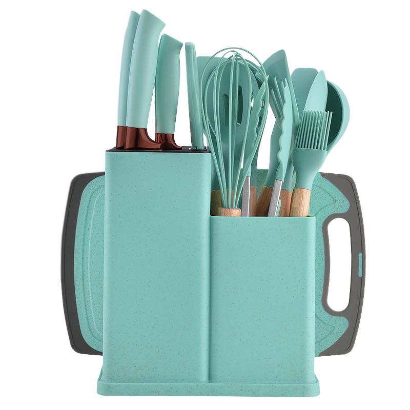 Silicone Kitchenware 19-Piece Set: Non-Stick Pan, Spatula, Soup Spoon, Knife Set with Storage Bucket