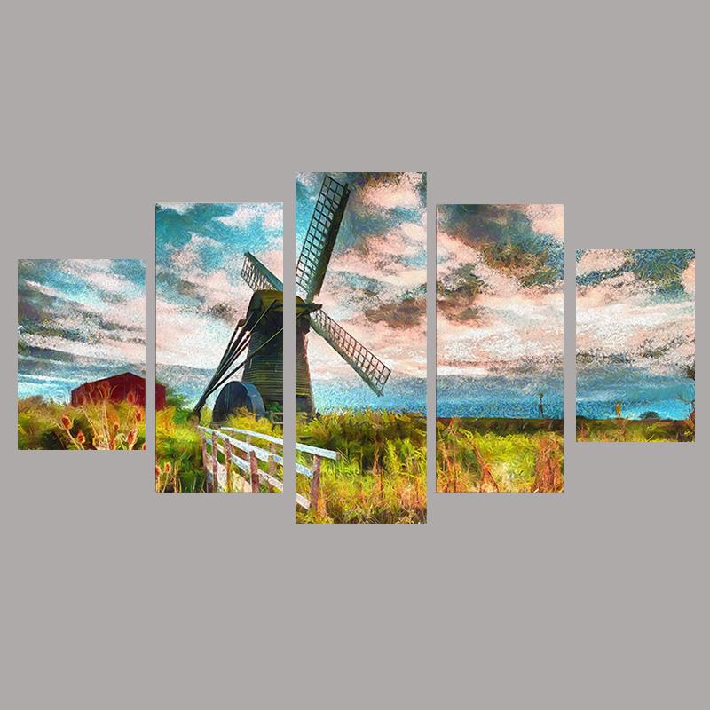 

Canvas Modern HD Printed 5 Panel Holland Windmill Landscape Pictures Painting Wall Poster Art Living Room Home Decor 20X35 20X45 20X55CM