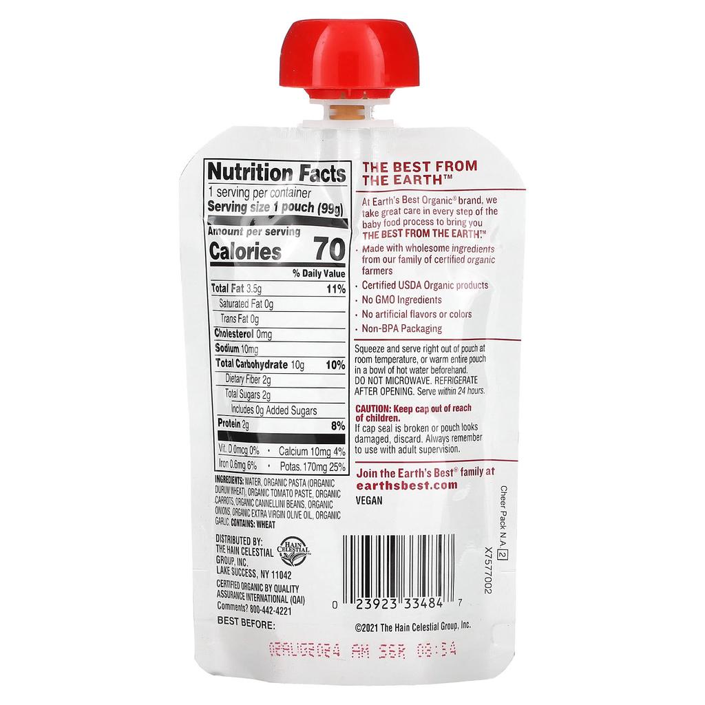 Earth's Best Organic Pasta with Tomatoes and White Beans, 6+ Months, 3.5 Oz (99 G)