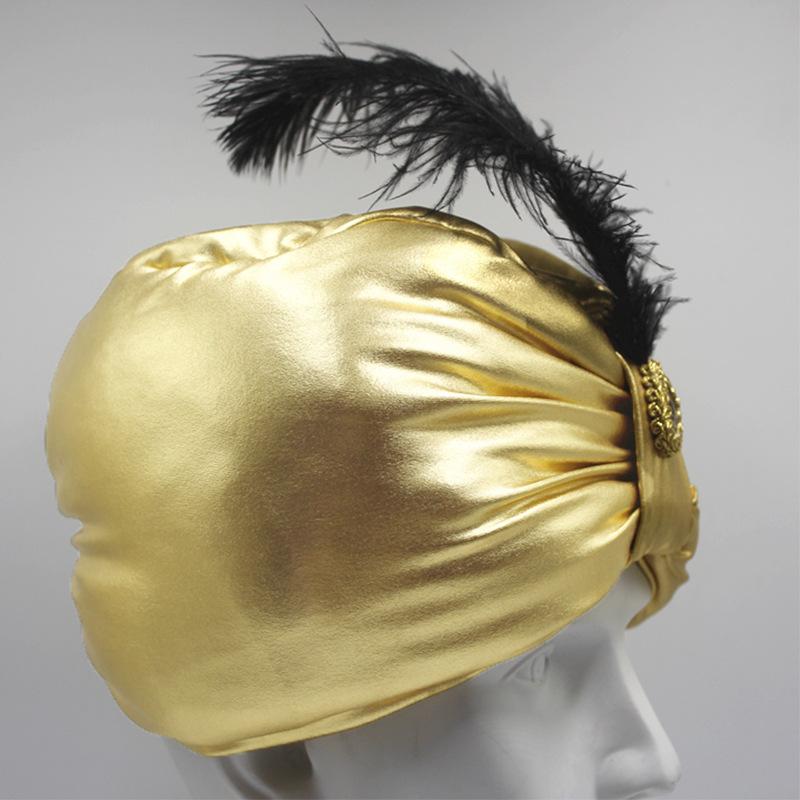 Arab Pleated Turban Indian Pleated Cap Men Sultan Costume Headwear Scarf Bronze Ethnic Feather Hat National Costume Specialties