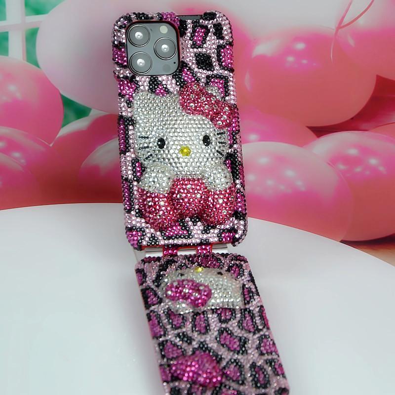 Phone Case IPhone 11 12 13 14 Pro Max Cute Cartoon Cat Flip Cover Rose Gold Leopard Print Bling Rhinestone Shockproof