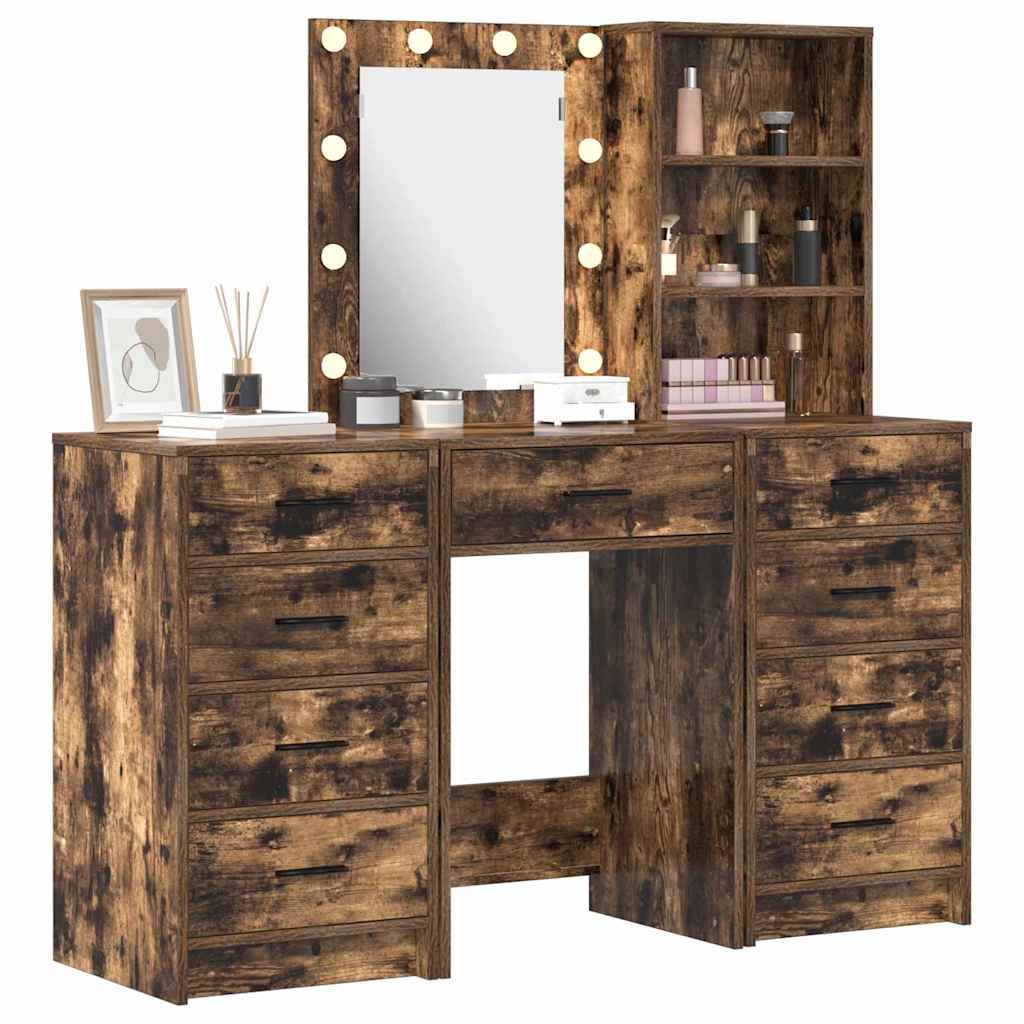Makeup Table with Mirror Lighting (3 pcs) Brown Particleboard