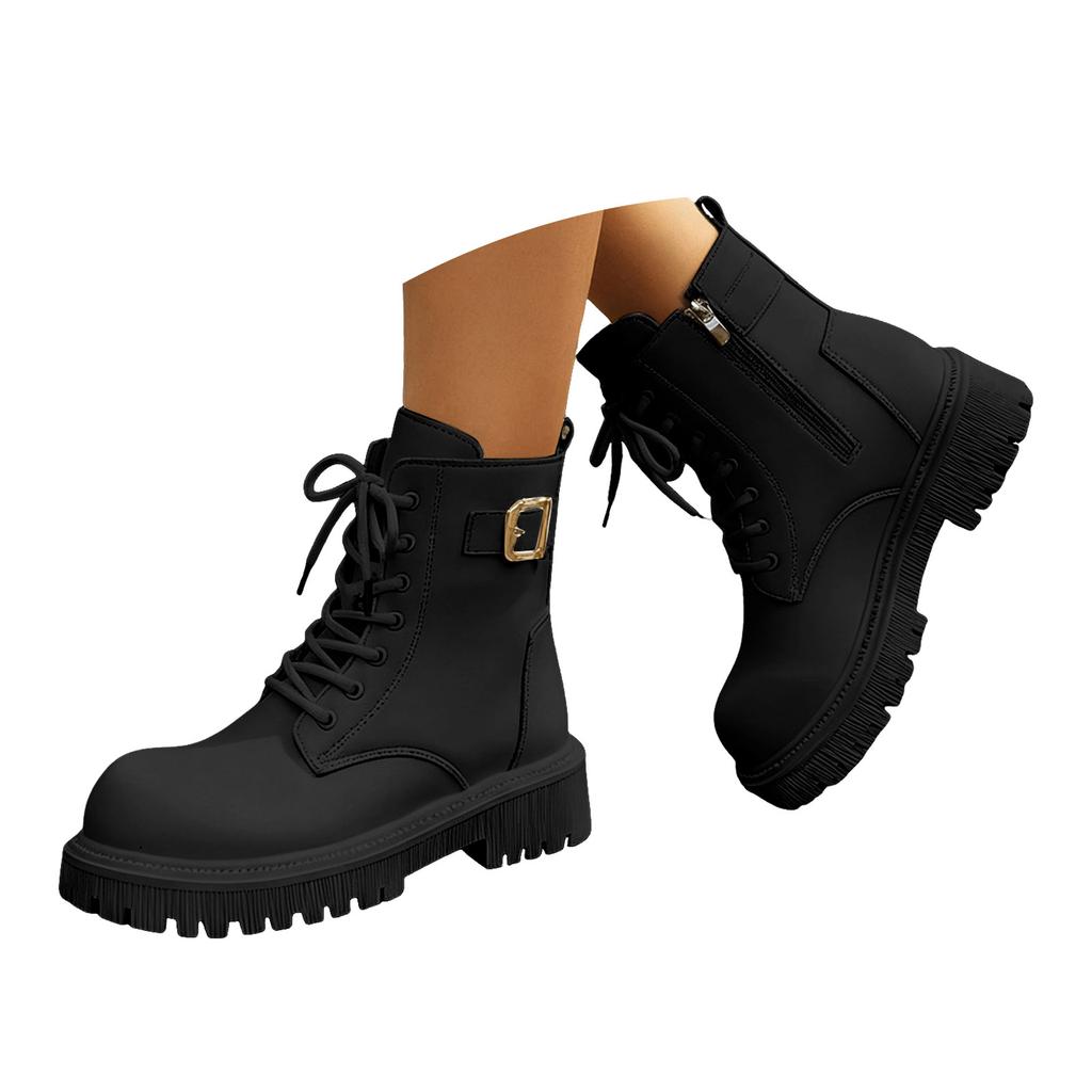 Women's Fashionable Casual Front Lace Up Adjustable Fleece Lined Thickened Warm Ankle Boots Women's Leather Boots