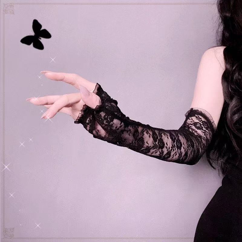 Long Lace Fingerless Gloves, Sheer Floral Arm Sleeves for Wedding & Cosplay