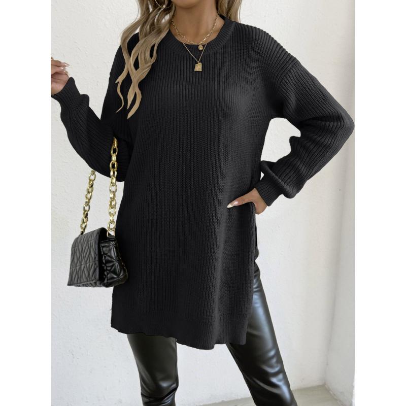 

Женский осенне-зимний новый пуловер свитер с круглым вырезом и разрезами, вязаный повседневный свитер M чёрный