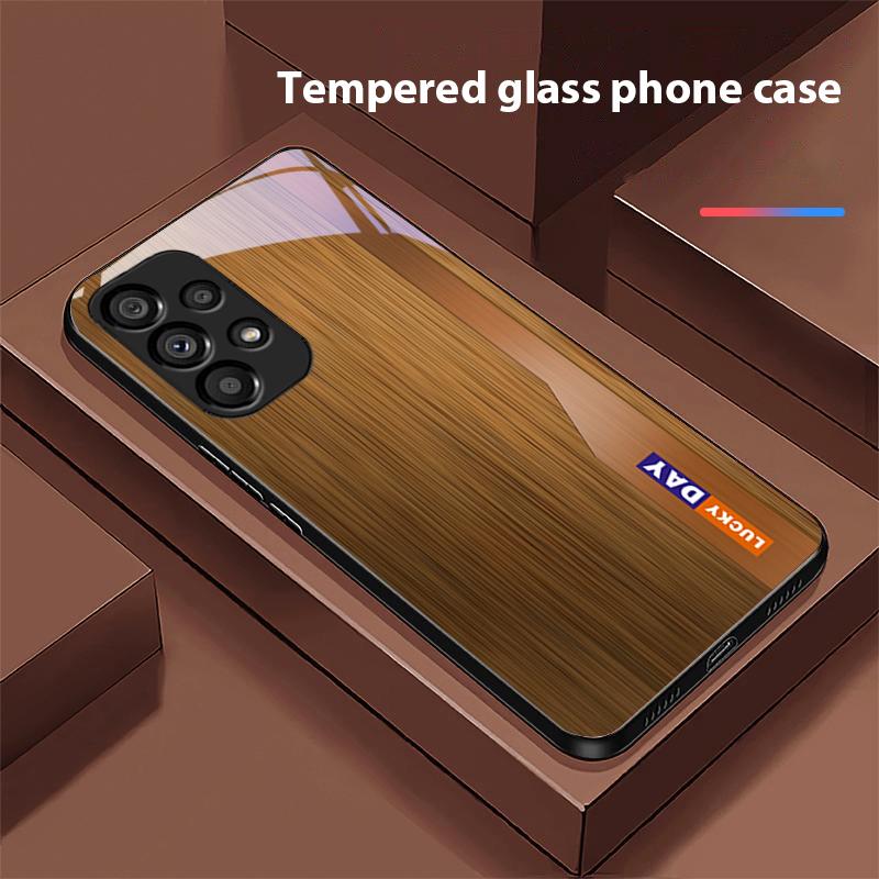Wood Grain Striped For Samsung Galaxy S 8 9 10 20 Plus 21 FE 22 23 24 Ultra S7 Edge Black Tempered Glass Phone Case Hard Shell