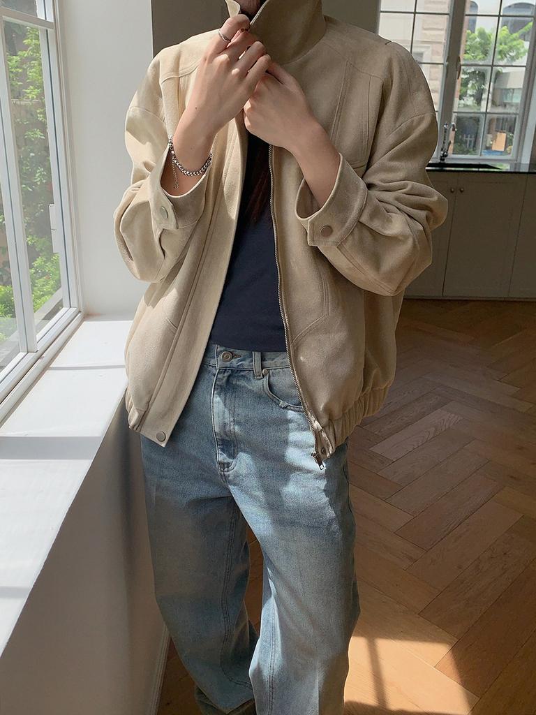 Women's Casual Suede-Like Long Sleeve Zip-Up Jacket, Retro Loose-Fit Stand Collar Coat for Fall, inbyin